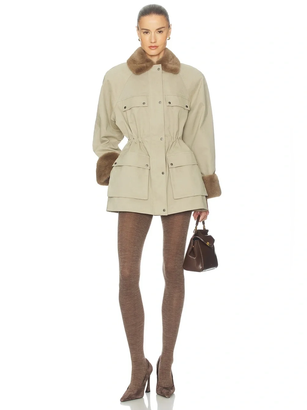 Helsa  The Balmoral Jacket With Faux Fur Trim in Khaki